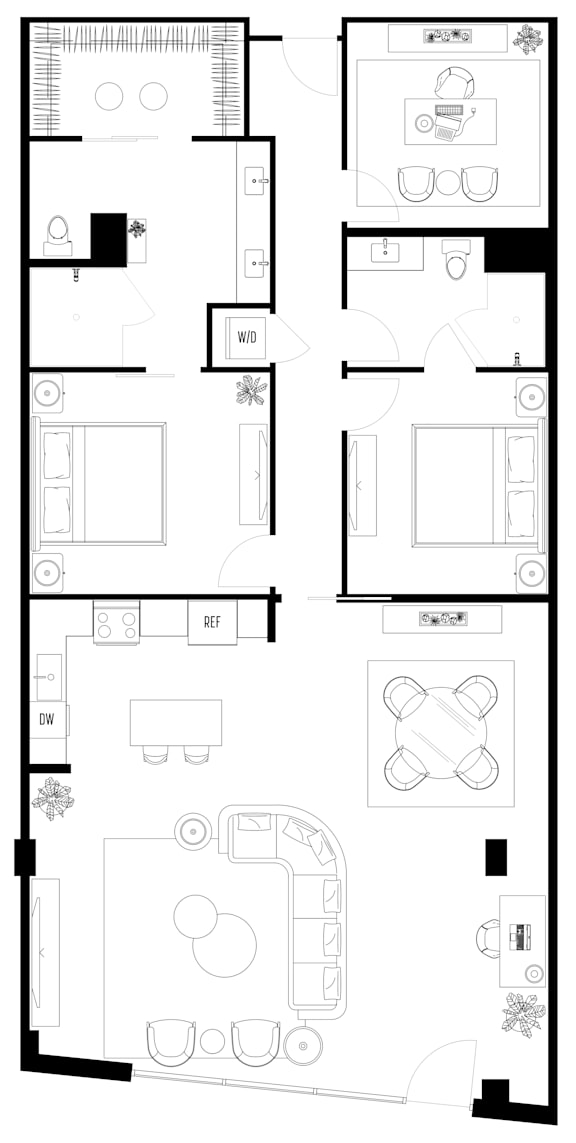 A floor plan of a house with a kitchen, living room, and bathrooms.